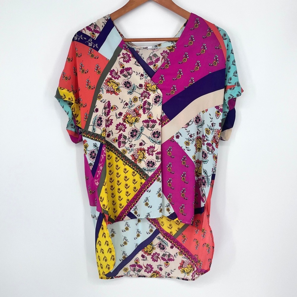 DR2 Patchwork Floral Blouse Womens Large Multi Color Art to Wear Eclectic Boho